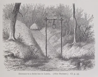Ingang van een fetisjhut in Lunda, uit De Geschiedenis van de Mensheid, Vol.1, door Prof. Friedrich Ratzel, 1896
