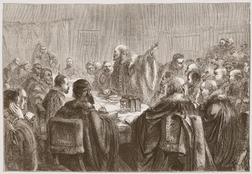 Episcopius spreekt de leden van de Synode van Dordrecht toe, illustratie uit De Geschiedenis van het Protestantisme door James Aitken Wylie, 1878