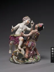 Europa en Amerika, vervaardigd door Chelsea Porcelain Factory, ca. 1760