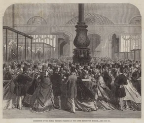Tentoonstelling van de Koninklijke Huwelijksgeschenken in het South Kensington Museum (gravure)