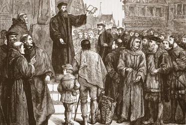 Farel predikt op de markt van Neuchâtel, illustratie uit De Geschiedenis van het Protestantisme door James Aitken Wylie, gepubliceerd in 1878