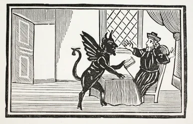 Faustus gewaarschuwd door de Geest om zijn einde te verwachten, illustratie uit Chap-books of the Eighteenth Century door John Ashton, gepubliceerd 1882