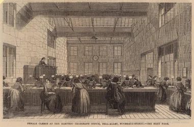 Vrouwelijke klerken bij het Electric Telegraph kantoor, Bell Alley, Moorgate Street