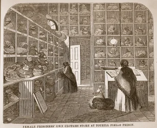 Kledingwinkel voor vrouwelijke gevangenen in Tothill Fields Prison, illustratie uit The Criminal Prisons of London and Scenes from Prison Life door Henry Mayhew en John Binny, uitgegeven in 1862