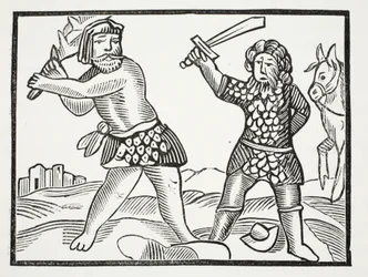 Ferragus verzamelt een machtig leger en belegert de stad Acquitain, illustratie uit Chap-books van de Achttiende Eeuw door John Ashton, uitgegeven 1882