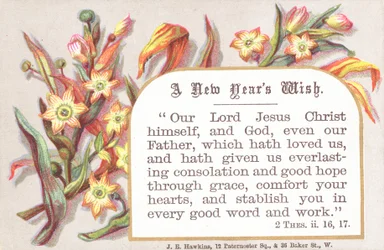 Bloemen en religieus vers, nieuwjaarskaart