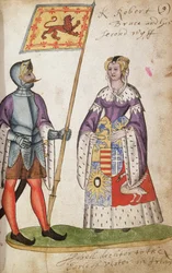 Fol.9 Robert de Bruce en zijn tweede vrouw, Elizabeth de Burgh, uit de Seton Armorial, 1591