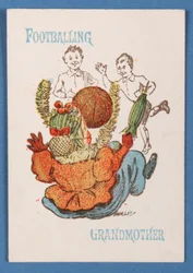 Voetballende grootmoeder uit het kaartspel Happy Families, ca. 1890-1900