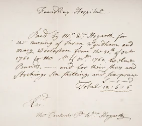 Ontvangstbewijs van het vondelingenhuis, ondertekend door William Hogarth