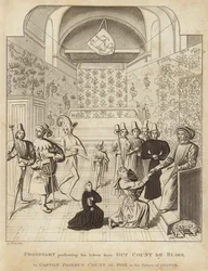 Froissart presenteert zijn brieven van Guy Court de Blois aan Gaston Phoebus Graaf van Foix in zijn paleis van Orthez