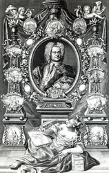 Frontispice voor Maritieme Geschiedenis van Engeland door Thomas Lediard, gepubliceerd in 1735