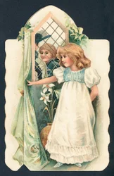 Meisje kijkt naar jongen door raam