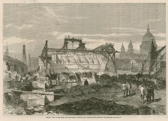 Algemeen overzicht van de werken voor de London, Chatham en Dover spoorwegbrug bij Blackfriars