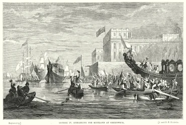 George IV vertrekt naar Schotland in Greenwich (gravure)