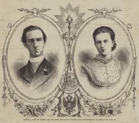 George I, koning van Griekenland, en zijn koningin, de groothertogin Olga Constantinovna van Rusland (gravure)