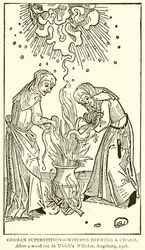 Duitse bijgeloof--Heksen brouwen een toverdrank. Na een houtsnede in Ulrichs Heksen, Augsburg, 1508
