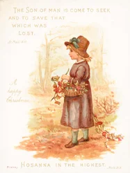 Meisje met mand vol hulst, kerstkaart