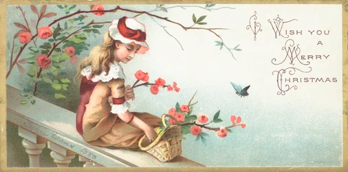 Meisje zittend op brug, kerstkaart
