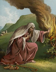 God verschijnt aan Mozes in de brandende struik (chromolitho)