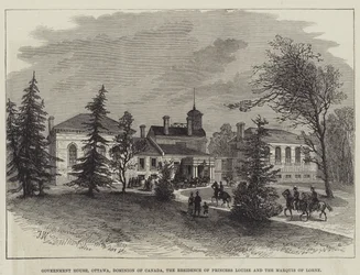 Regeringsgebouw, Ottawa, Dominion of Canada, de residentie van prinses Louise en de markies van Lorne (gravure)