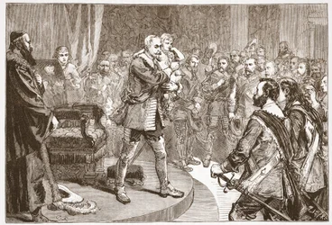 Gustavus Adolphus neemt afscheid van de Staten, illustratie uit De Geschiedenis van het Protestantisme door James Aitken Wylie, 1878