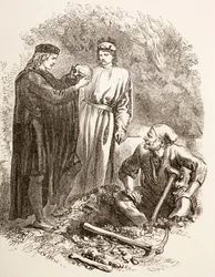 Hamlet houdt de schedel van Yorick vast, illustratie van Act V, Scene I in Hamlet, uit 