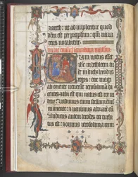 Harley MS 7026, f.7v, Aanbidding der Wijzen gehistorieerde initiaal, uit 
