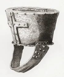 Helm, uit Castle Pomeroy, Engeland, daterend uit ca. 12e eeuw, uit The British Army: Its Origins, Progress and Equipment, gepubliceerd 1868.