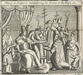 Hendrik IV keizer geeft zijn kroon over aan de paus, illustratie uit Handelingen en Monumenten van John Foxe, negende editie, uitgegeven 1684