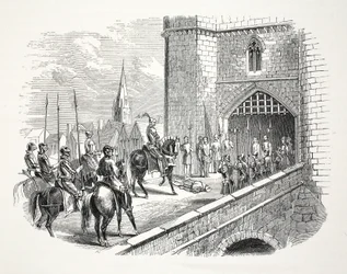 Henry graaf van Richmonds (later Henry VII) intocht in Shrewsbury over het lichaam van de burgemeester, 19e eeuw