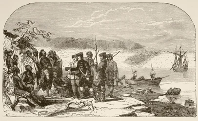 Henry Hudson biedt drank aan de Indianen in 1609