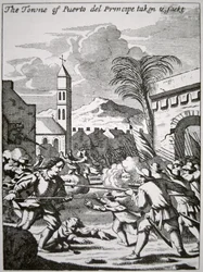 Henry Morgan verovert en plundert de stad Puerto de Principe, Cuba, in 1668, illustratie uit 