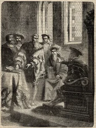 Hendrik VIII en zijn Raad die de vertaling van de Bijbel in het Engels bevelen - 1538 - gravure uit 