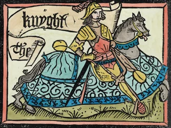 Hier begint het verhaal van de ridder, illustratie uit The Canterbury Tales door Geoffrey Chaucer (c.1345-1400) gedrukt door William Caxton (c.1422-91) 1434