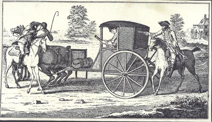 Snelwegrovers James MacLaine en William Plunkett beroven de Graaf van Eglinton op Hounslow Heath, 26 juni 1750