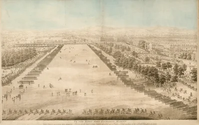 Zijne Majesteit inspecteert het Vrijwilligerskorps verzameld in Hyde Park, ter ere van de Verjaardag, 4 juni 1799