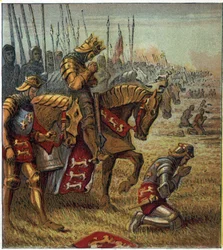 Honderdjarige Oorlog: De Slag bij Azincourt op 25/10/1415. Koning Hendrik V (1387-1422) bad voordat hij de Franse troepen confronteerde.