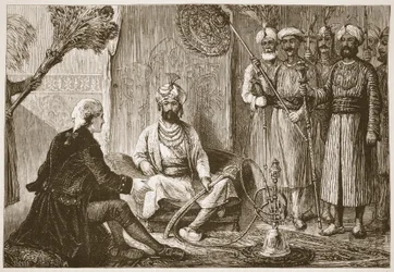 Hyder Ali en de missionaris, illustratie uit Cassells Geïllustreerde Geschiedenis van India door James Grant, uitgegeven 1879