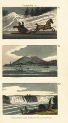 Inwoners van Quebec rijden met een door paarden getrokken slee op ijs, uitzicht op Montreal en uitzicht op de Niagara Falls