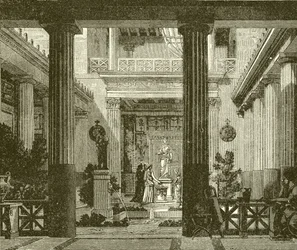 Binnenplaats van een Grieks huis met een standbeeld van de godin Hestia
