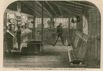Interieur van de A, B, seinhuis van de South-Eastern Railway bij het London Bridge station