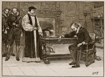 Interview tussen Bacon en de delegatie van de Lords, illustratie uit Cassells Geïllustreerde Geschiedenis van Engeland