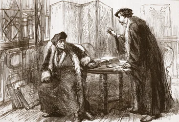 Gesprek tussen Erasmus en Calvijn, illustratie uit De Geschiedenis van het Protestantisme door James Aitken Wylie, gepubliceerd in 1878