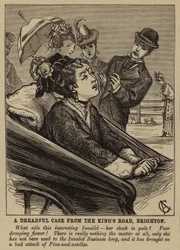 Zieke vrouw die een aanval van spelden en naalden heeft in Brighton (gravure)