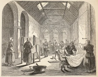 Strijkkamer in de Brixton-gevangenis, illustratie uit The Criminal Prisons of London and Scenes from Prison Life door Henry Mayhew en John Binny, uitgegeven 1862