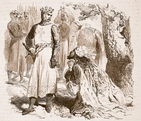 Isaac van Cyprus die smeekt om de vrijlating van zijn dochter, illustratie uit Cassells Illustrated History of England