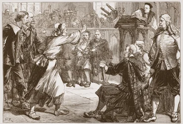 Janet Geddes gooit haar kruk naar de deken van Edinburgh, illustratie uit De Geschiedenis van het Protestantisme door James Aitken Wylie, 1878