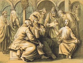 Jezus met de schriftgeleerden (gekleurde gravure)