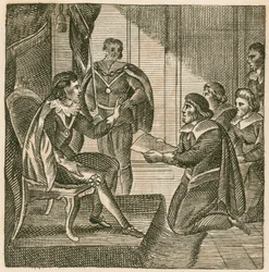 Koning Charles I ontvangt een petitie van de Commons om hen de macht te geven legers te heffen