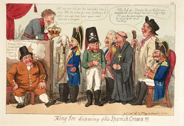 Koning Joe die zijn Spaanse kroon afstaat!!! Pub. 1808 (handgekleurde gravure)